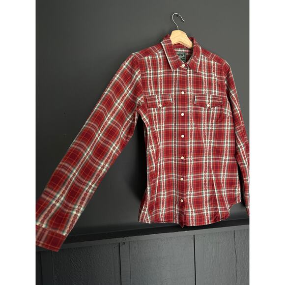 Woolrich Red Green White Plaid Pearl Snap Button Cotton Blouse Shirt Size Medium - Picture 5 of 10